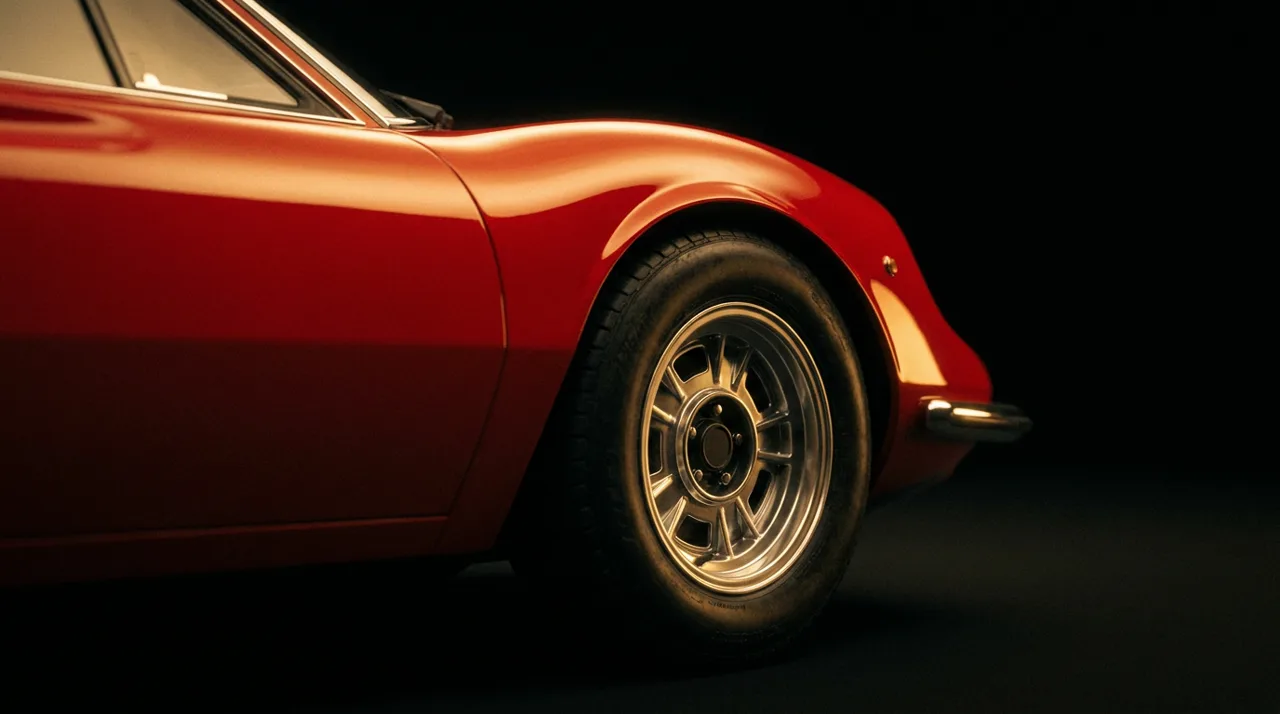 Rosso red Italian berlinetta front haunch and wheel arch in a dark studio