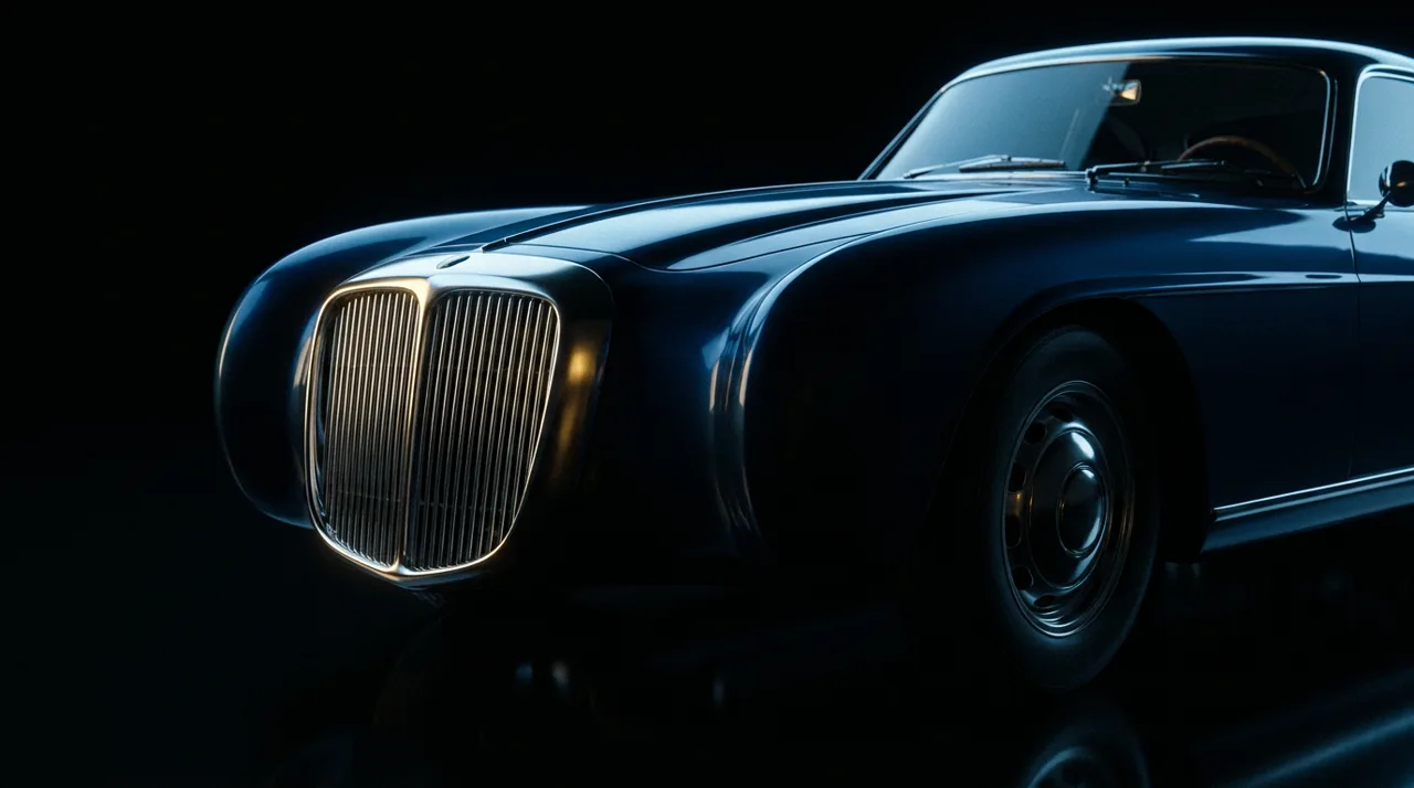 Chrome grille and long bonnet of a dark-blue Italian grand tourer in a dark studio