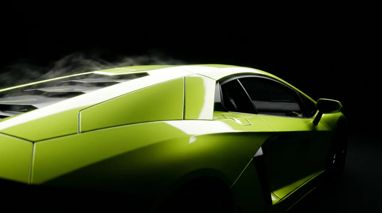 Razor-edged flank of an acid-green angular Italian supercar in a dark studio